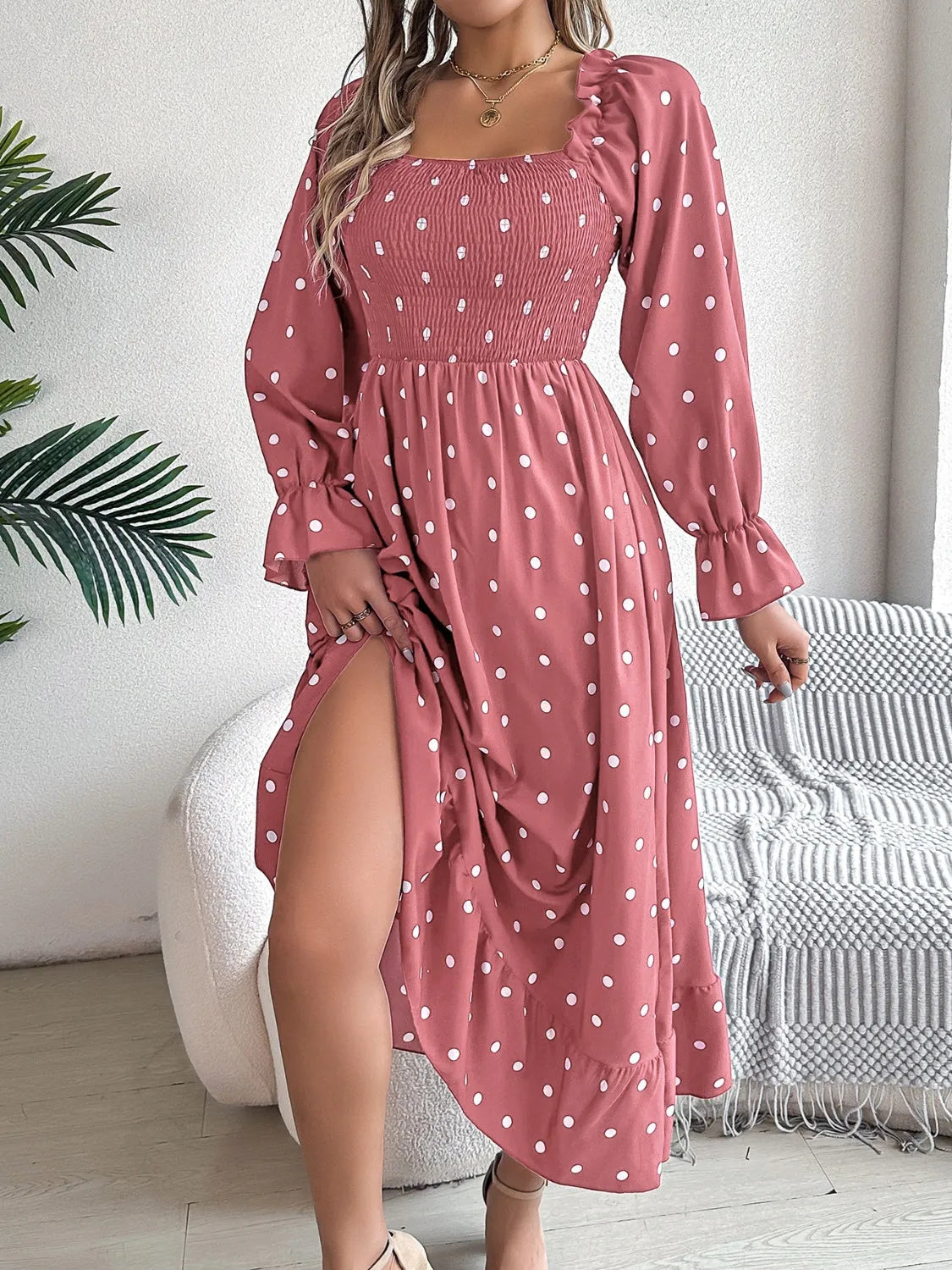 Polka Dot Flounce Sleeve Midi Dress Dusty Pink Casual Dresses - Tophatter Daily Deals