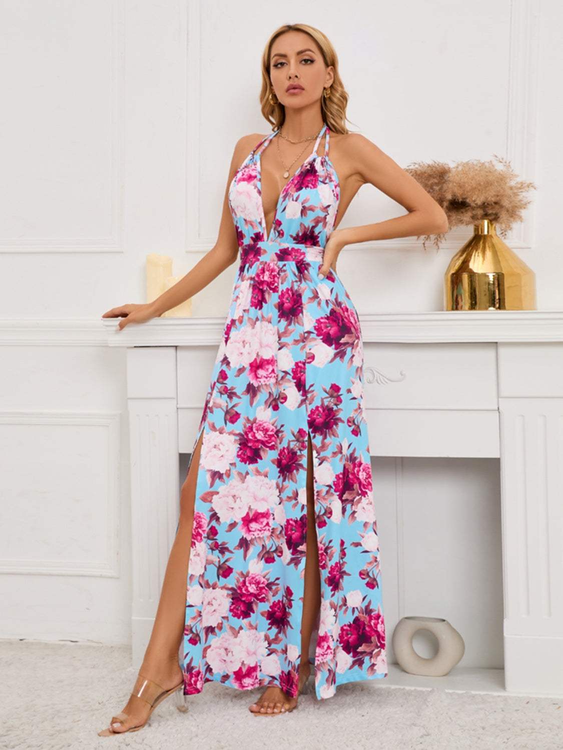 Slit Backless Printed Halter Neck Dress Casual Dresses - Tophatter Daily Deals