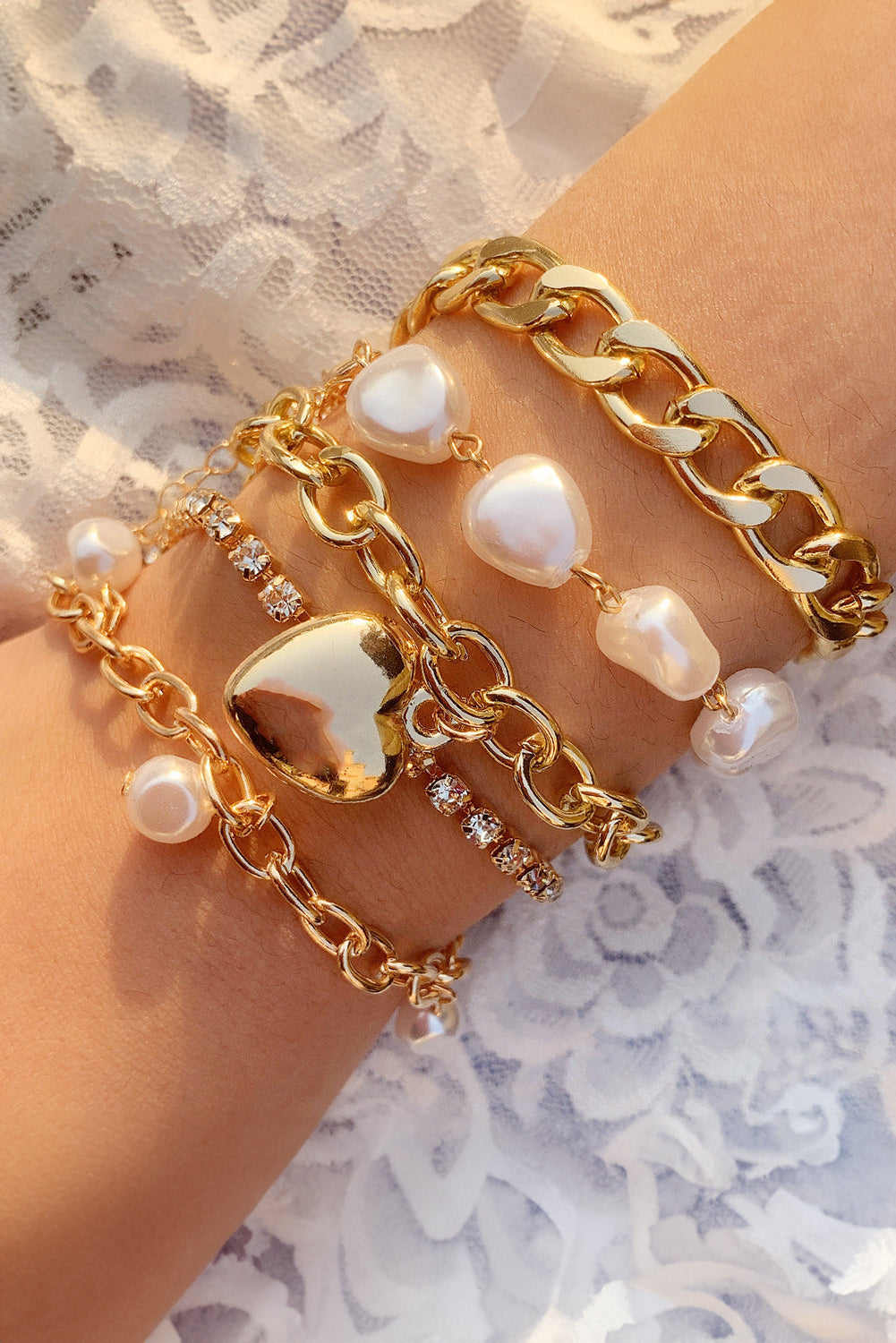 Gold 5Pcs Pearl Heart Diamond Bracelet Set Gold ONE SIZE Alloy Bracelets - Tophatter Daily Deals