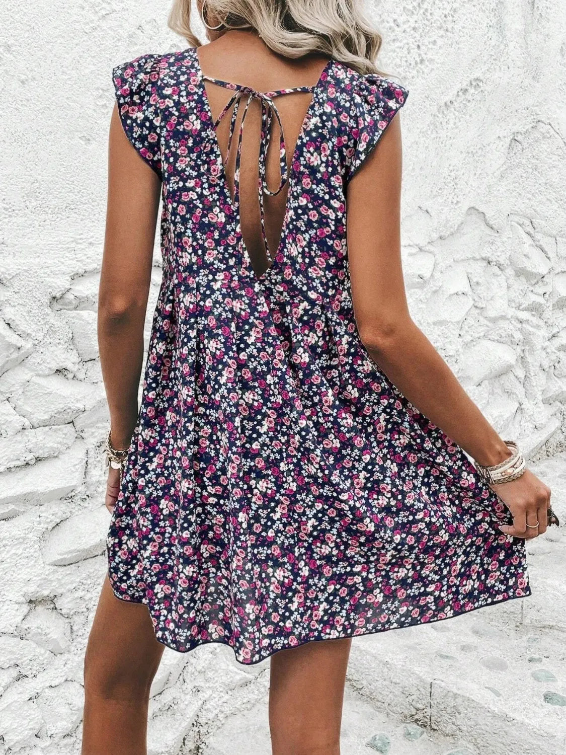 Printed V-Neck Cap Sleeve Mini Dress Casual Dresses - Tophatter Daily Deals