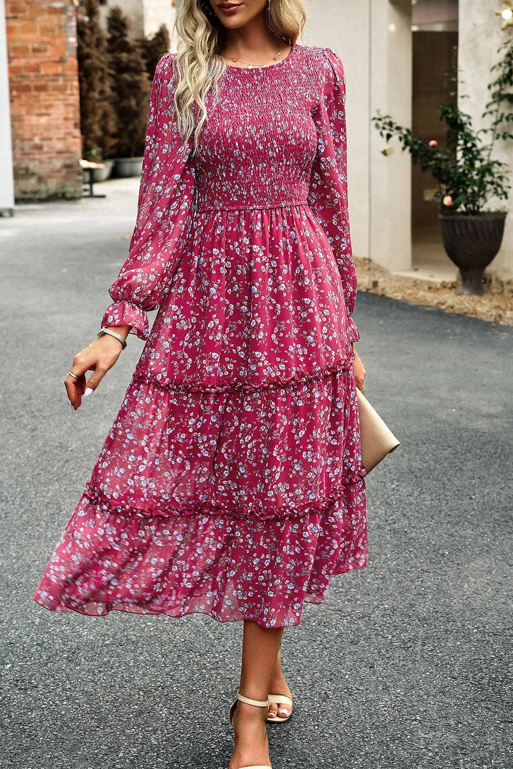 Smocked Flounce Sleeve Midi Dress Deep Rose Casual Dresses - Tophatter Daily Deals