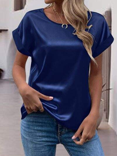 Round Neck Short Sleeve T-Shirt Navy Women's T-Shirts - Tophatter Daily Deals