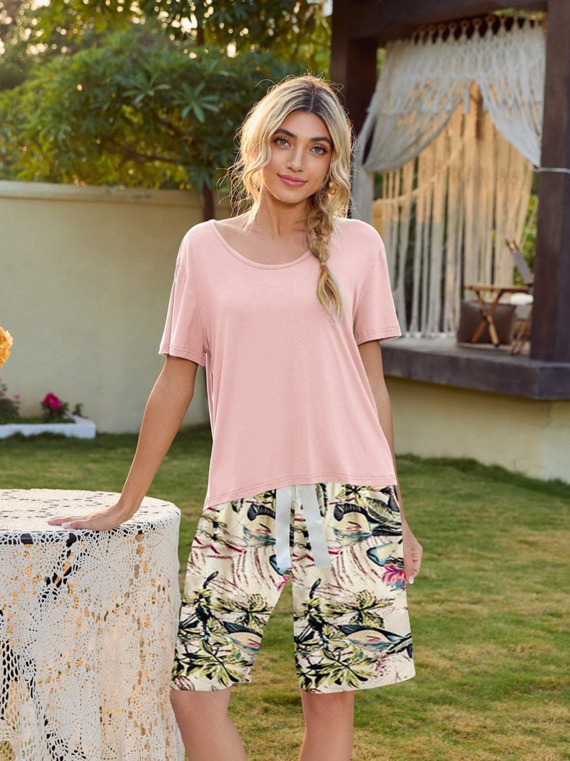 Short Sleeve Top and Printed Shorts Lounge Set Blush Pink Loungewear Sets - Tophatter Daily Deals