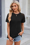 Openwork Round Neck Short Sleeve T-Shirt Black Women's T-Shirts - Tophatter Daily Deals