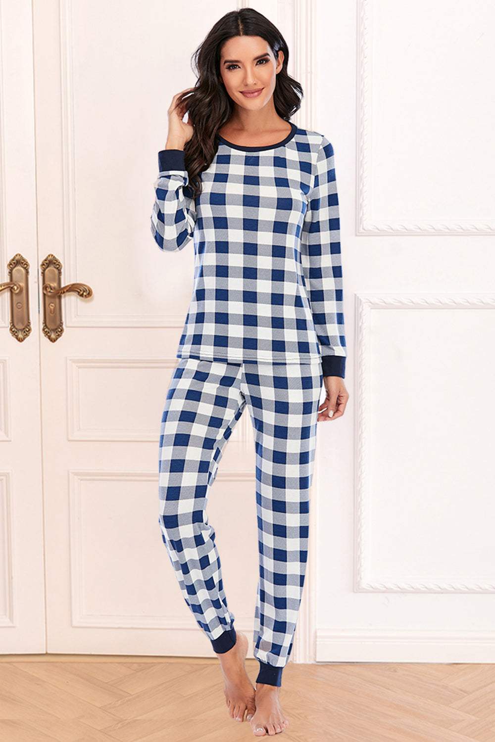 Plaid Round Neck Top and Pants Set Navy Loungewear Sets Apparel & Accessories Fast Shipping Free Shipping H#Y Lingerie Sleepwear Loungewear Loungewear Sets New Deals Sexy sexy lingerie Ship From Overseas Ship from USA USA USA STOCK - Tophatter Daily Deals And Savings