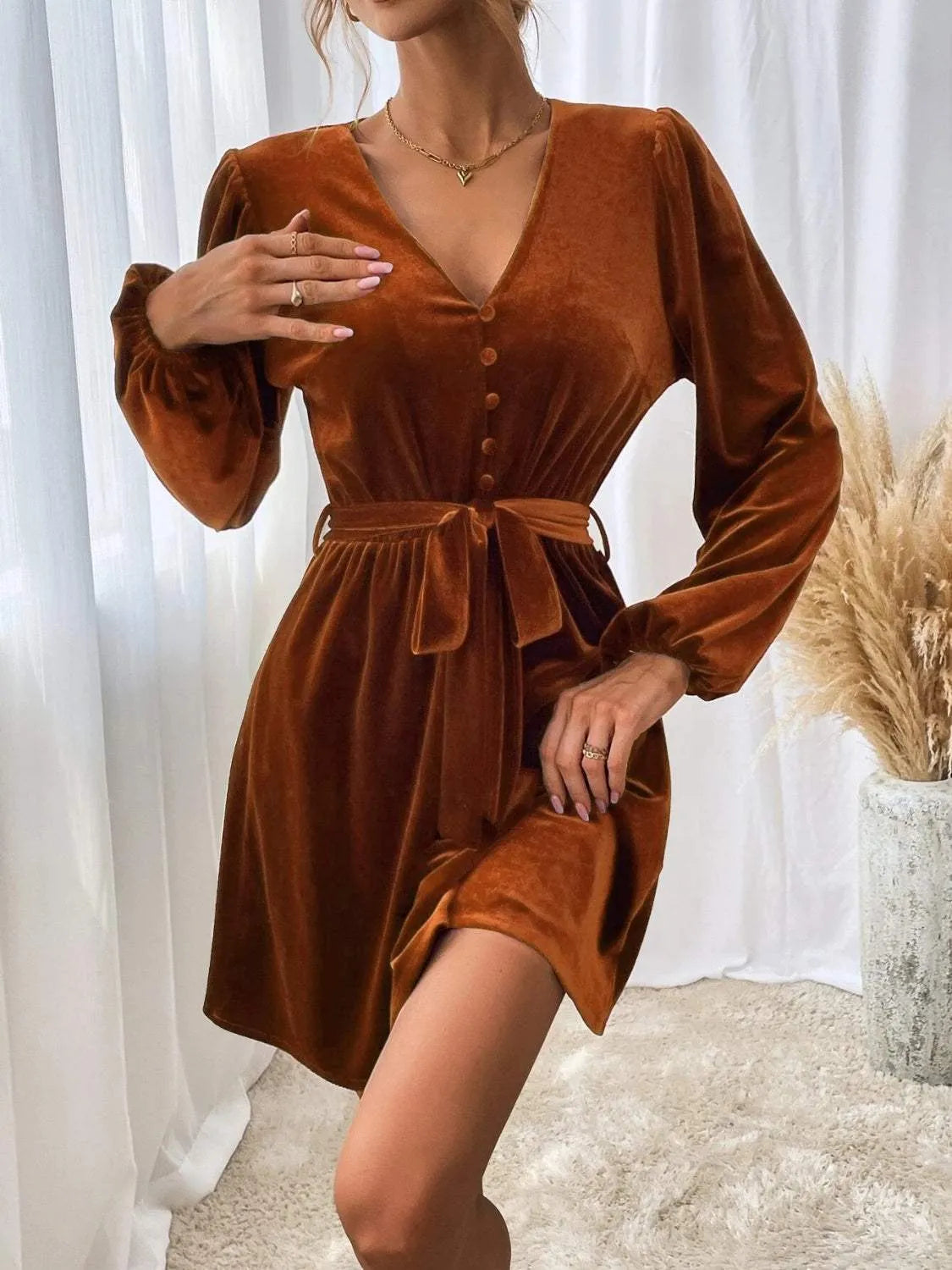 V-Neck Tie Waist Mini Dress Chestnut Cocktail Dresses - Tophatter Daily Deals