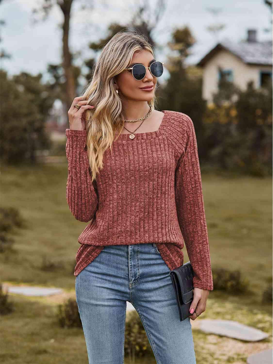 Full Size Ribbed Square Neck Long Sleeve T-Shirt Taupe Women's T-Shirts - Tophatter Daily Deals