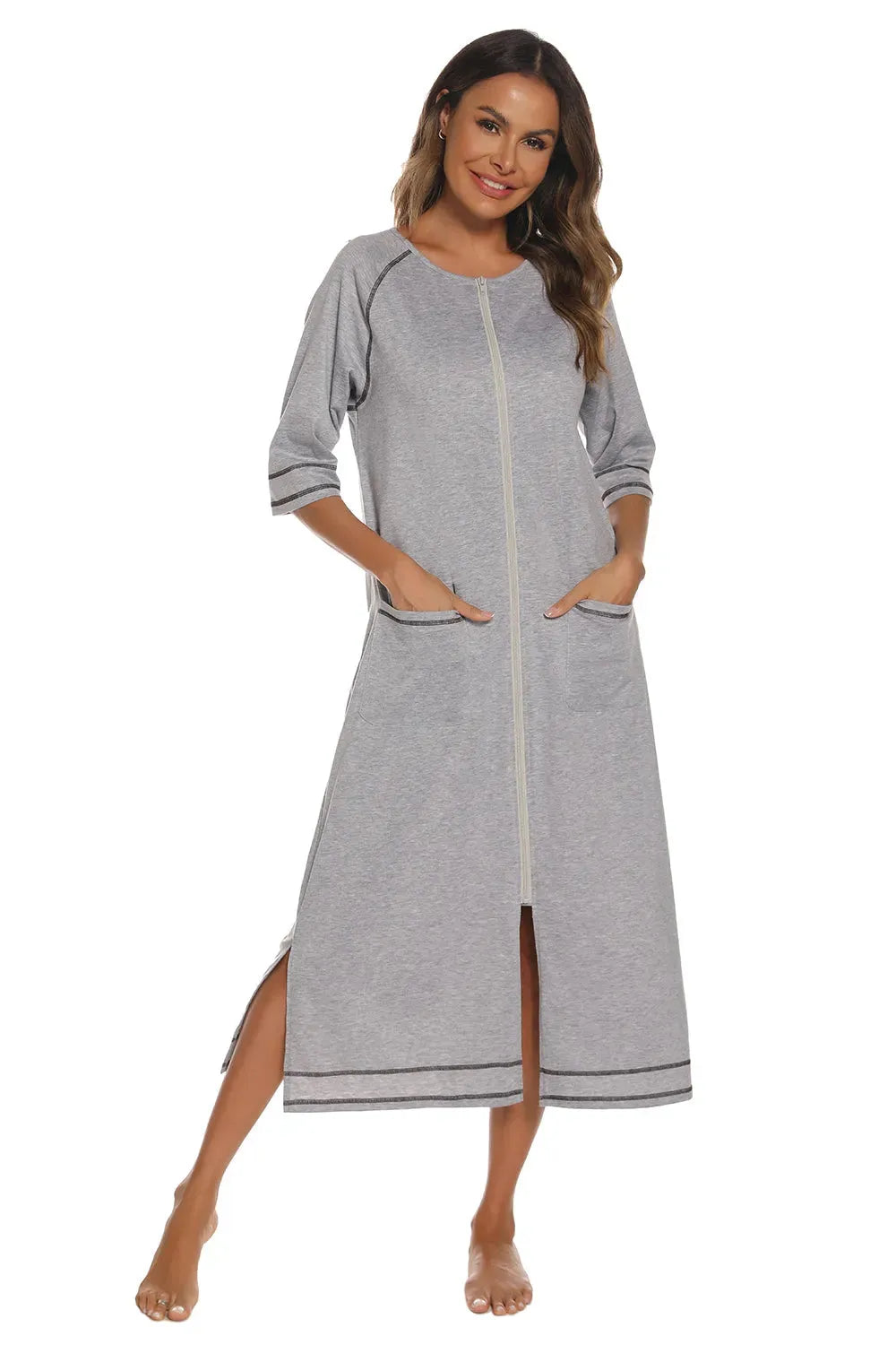 Zip Up Slit Round Neck Night Dress with Pockets Sleep Dresses - Tophatter Daily Deals