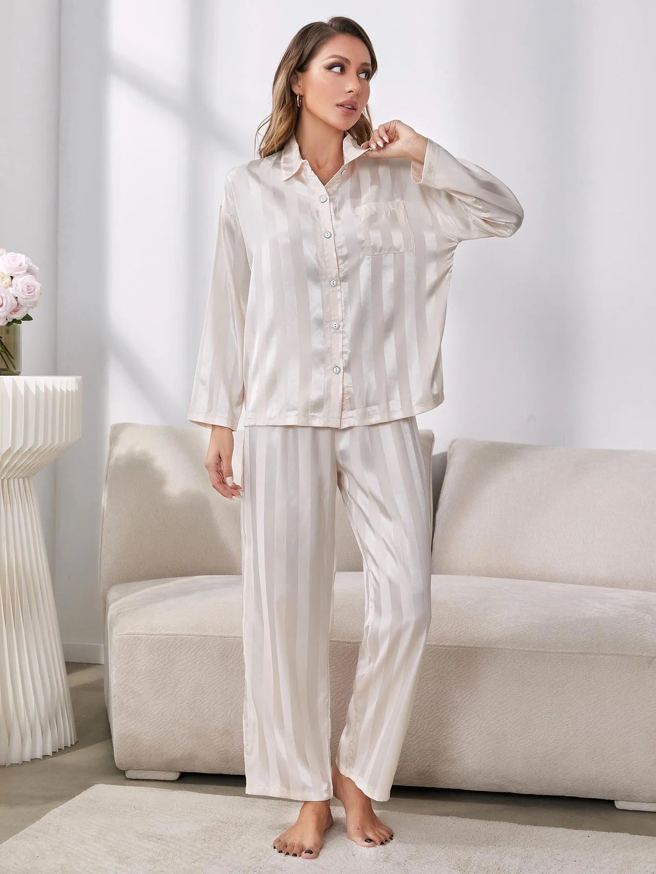 Button-Up Shirt and Pants Pajama Set White Loungewear Sets - Tophatter Daily Deals