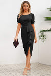 Slit Ruffled Puff Sleeve Midi Dress Black Casual Dresses - Tophatter Daily Deals