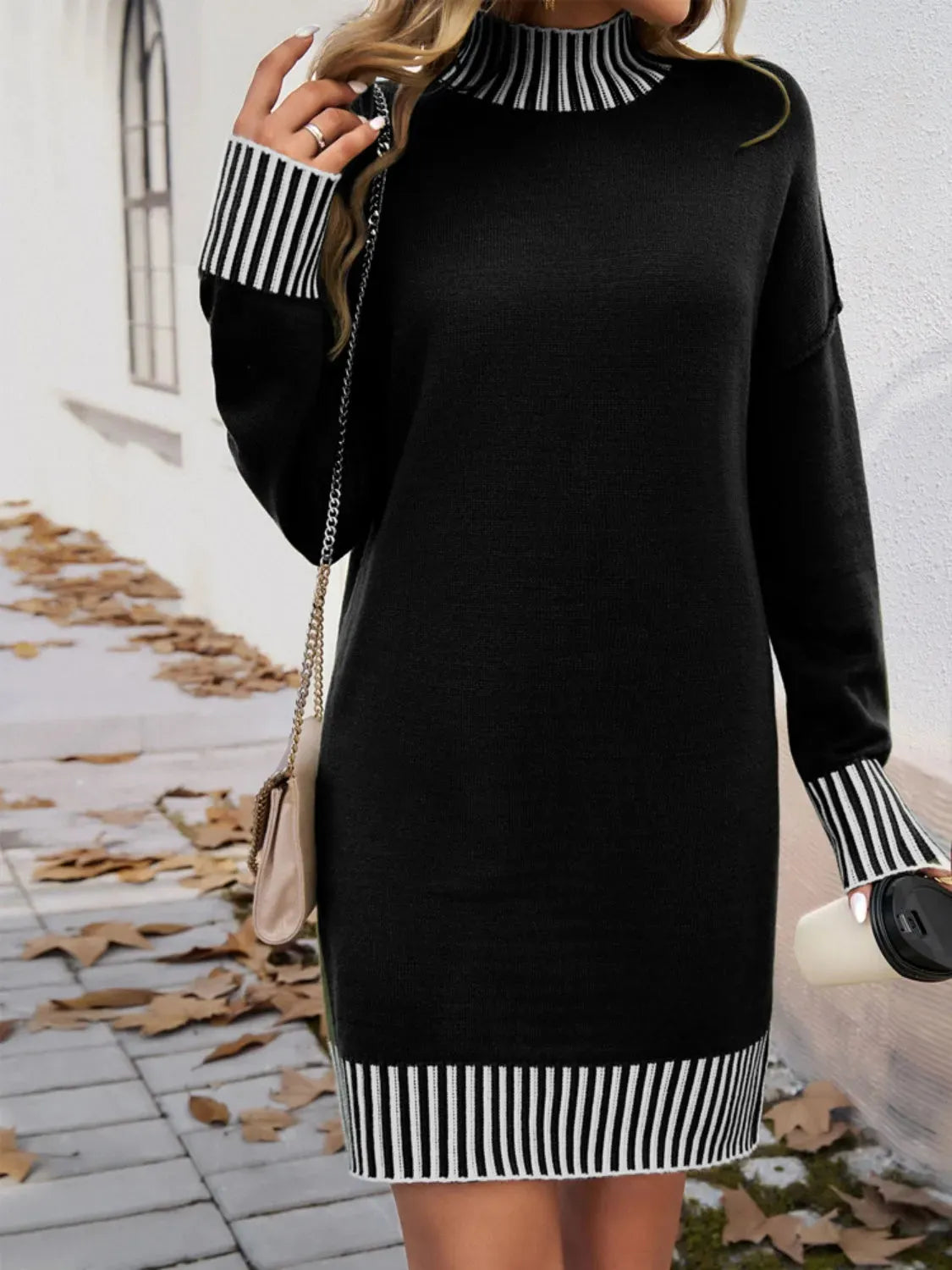 Striped Mock Neck Long Sleeve Sweater Dress Casual Dresses - Tophatter Daily Deals