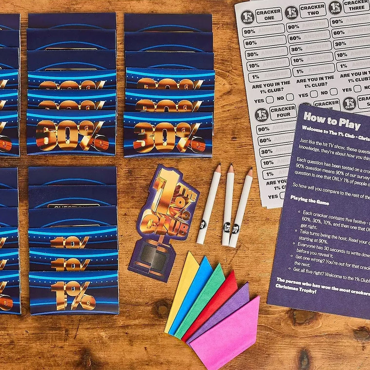 The 1% Club Christmas Crackers Pack of 6 with Quiz Questions & Challenges Christmas Cracker - Tophatter Daily Deals