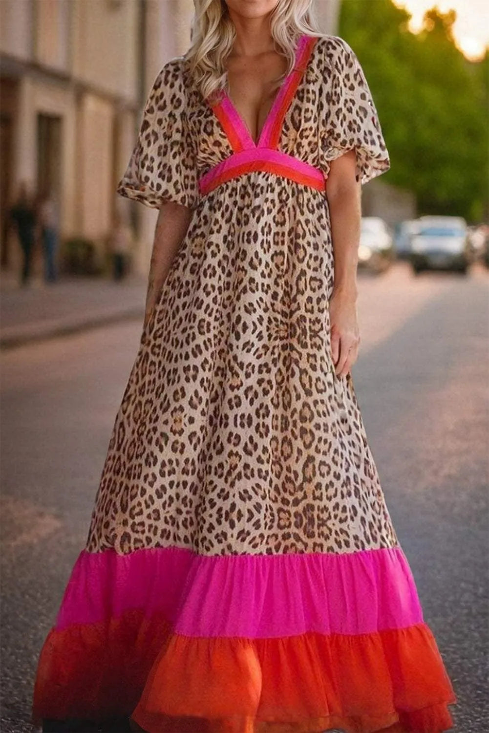 Full Size Leopard V-Neck Half Sleeve Maxi Dress Leopard Casual Dresses - Tophatter Daily Deals