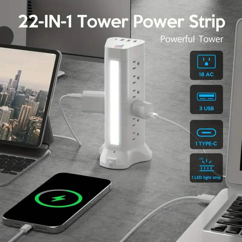 22-in-1 Power Strip Tower with 4 USB Ports & 9 AC Outlets, 10ft Extension Cable, 3-Color Night Light Electronics - Tophatter Daily Deals