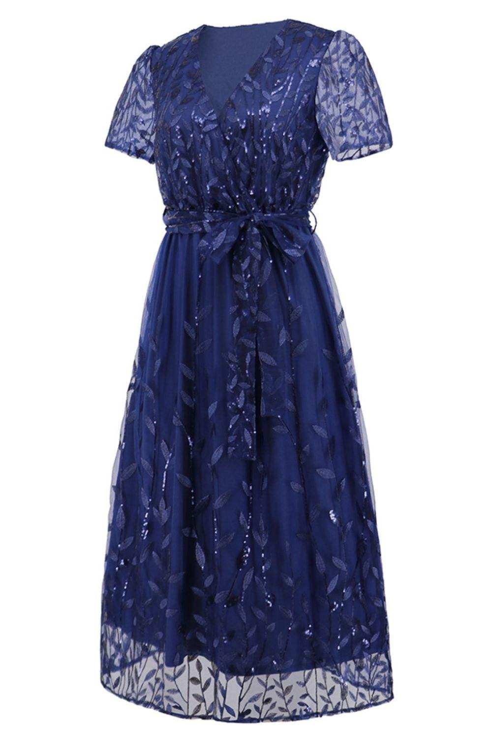 Sequin Leaf Embroidery Tie Front Short Sleeve Dress Cocktail Dresses - Tophatter Daily Deals