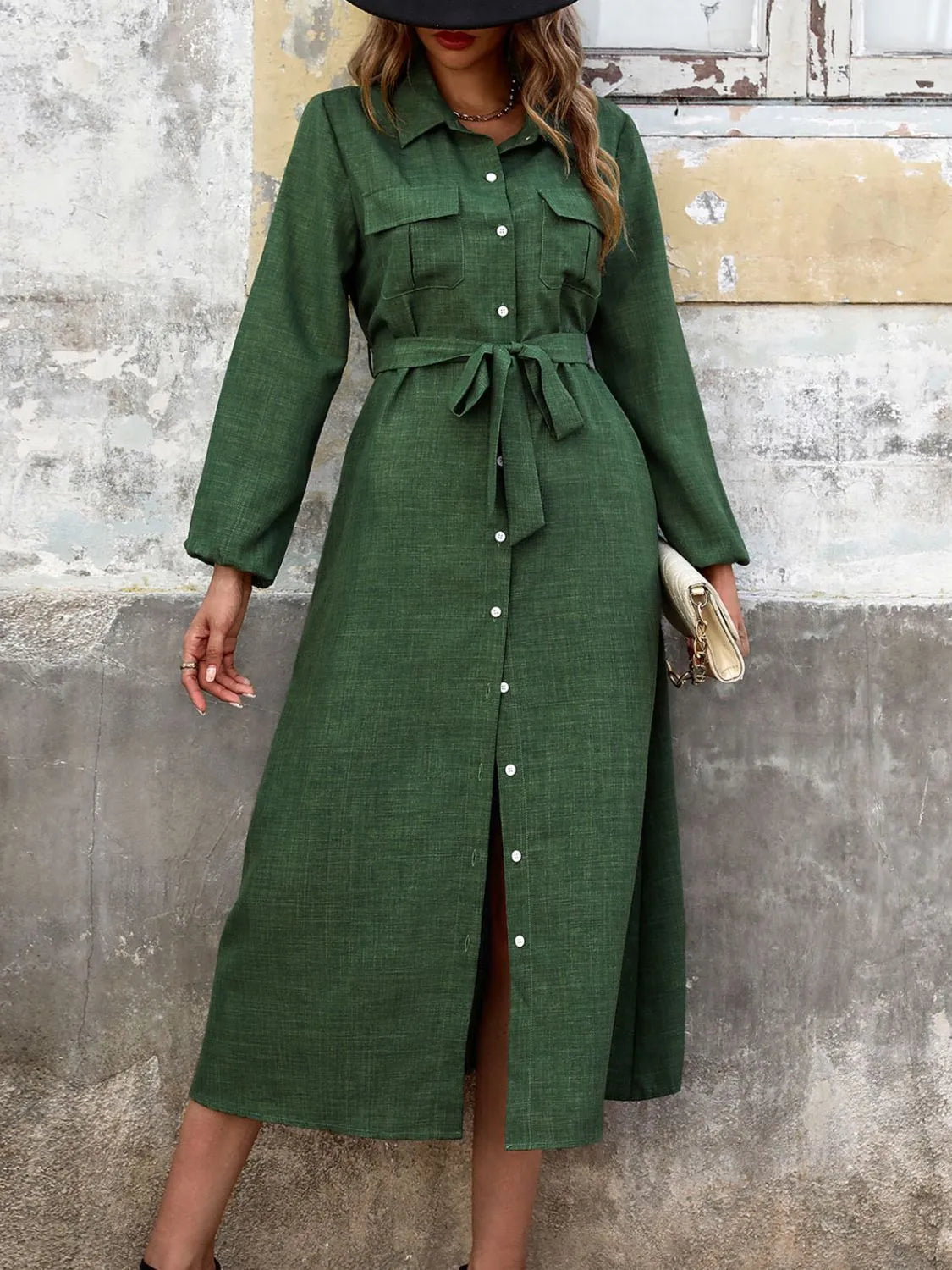 Collared Neck Long Sleeve Midi Shirt Dress Black Forest Casual Dresses - Tophatter Daily Deals