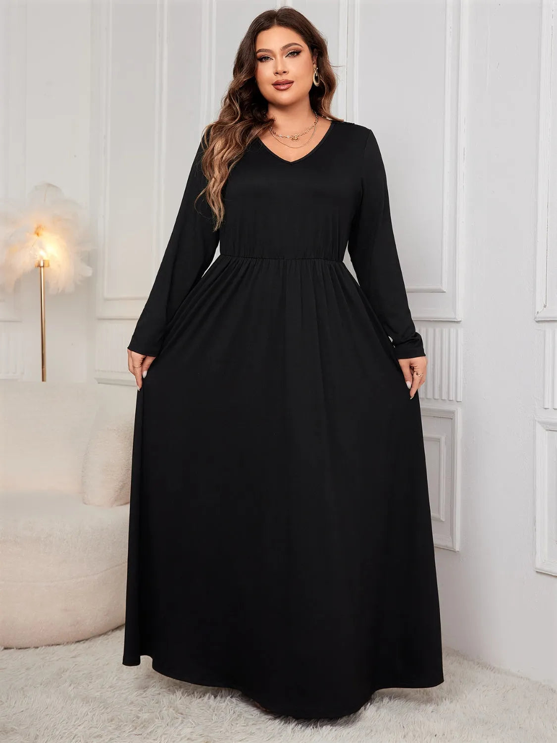 Plus Size Cutout V-Neck Long Sleeve Maxi Dress Casual Dresses - Tophatter Daily Deals