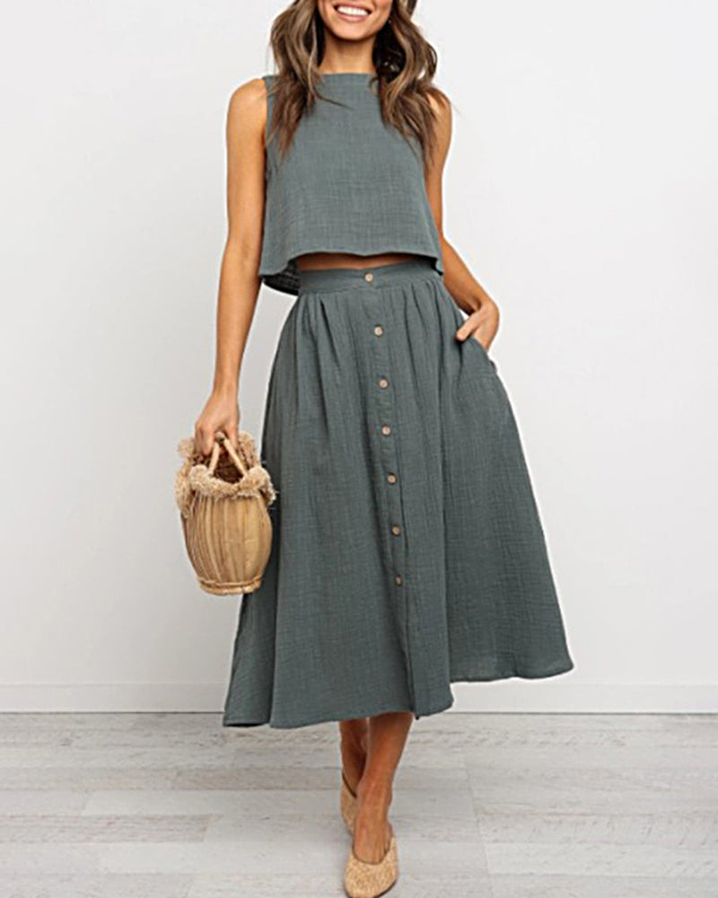 Short Vest Midi Skirt Set Grey Two Pieces Sets - Tophatter Daily Deals