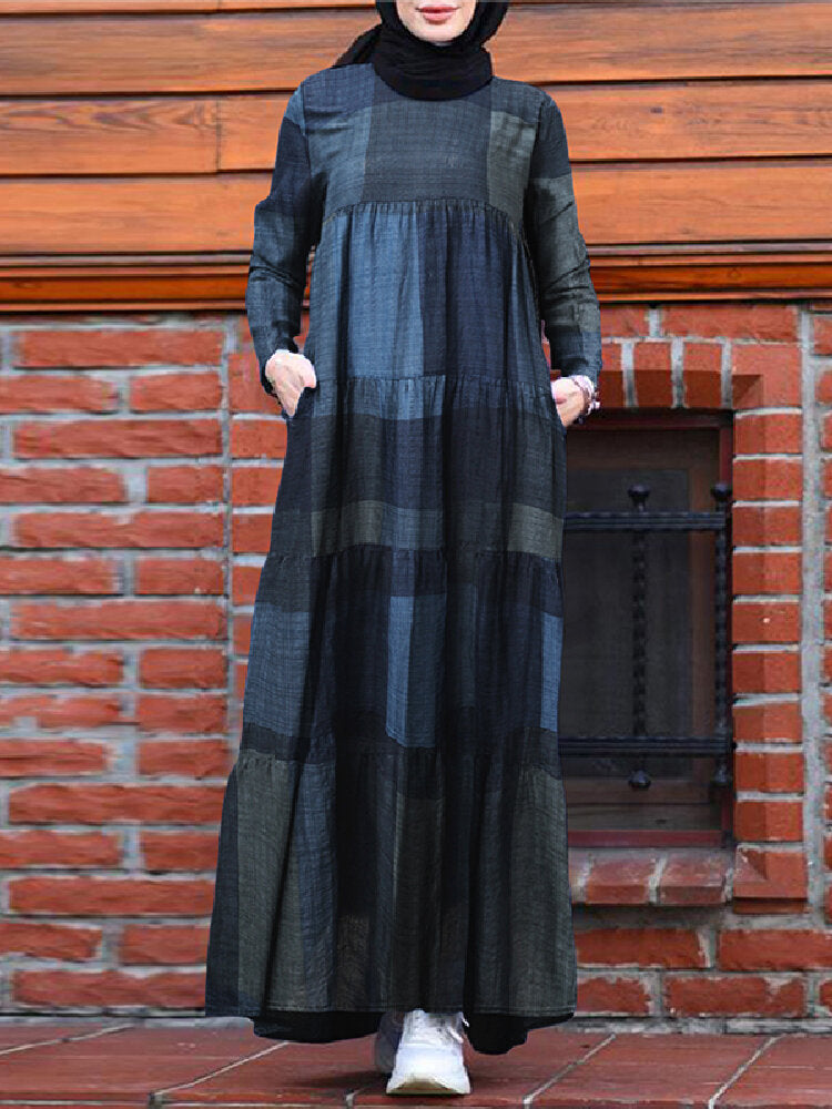 Kaftan Tunic Plaid Print Back Zipper Long Sleeve Maxi Layered Women Maxi Dress Maxi Dresses - Tophatter Daily Deals