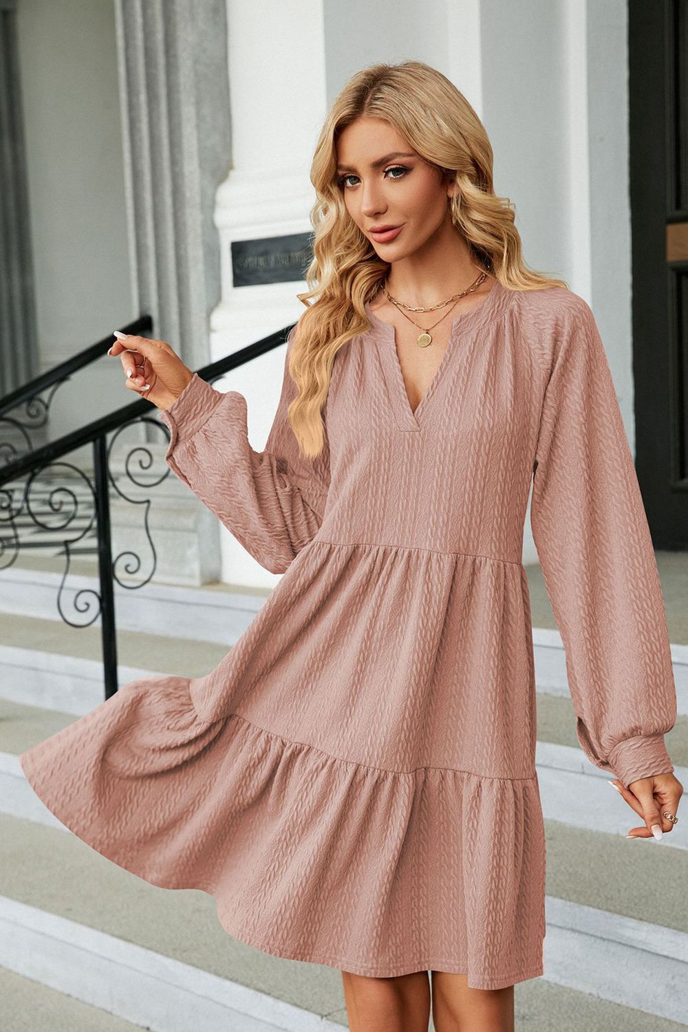 Notched Neck Long Sleeve Mini Dress - Tophatter Deals and Online Shopping - Electronics, Jewelry, Beauty, Health, Gadgets, Fashion - Tophatter's Discounts & Offers - tophatters - tophatters.co