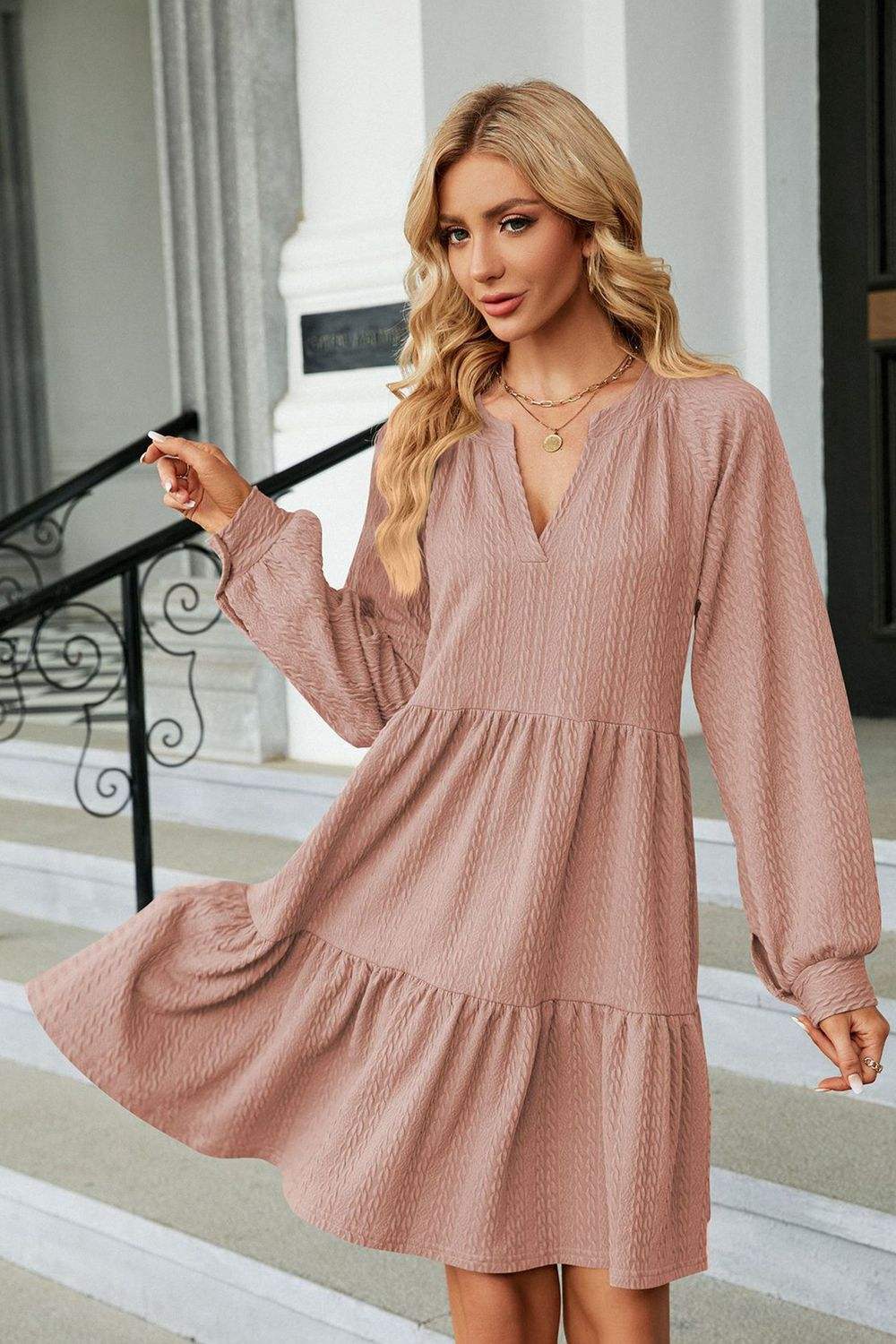 Notched Neck Long Sleeve Mini Dress - Tophatter Deals and Online Shopping - Electronics, Jewelry, Beauty, Health, Gadgets, Fashion - Tophatter's Discounts & Offers - tophatters - tophatters.co