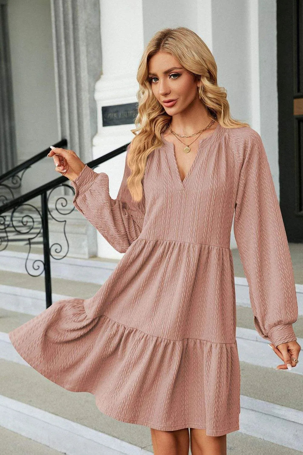 Notched Neck Long Sleeve Mini Dress Casual Dresses - Tophatter Daily Deals