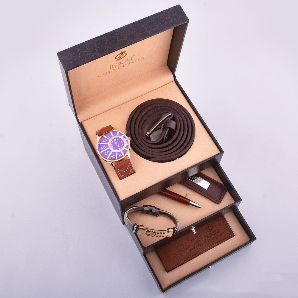 Business Gift Set Watch Belt Wallet Men's High-end Leather Bracelet Birthday Creative Gift Box Brown 0 - Tophatter Daily Deals