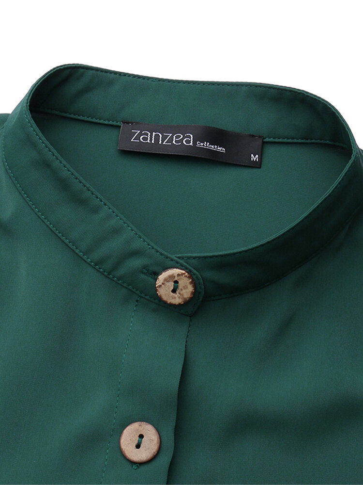 Solid Color Stand Collar Button Down Front Leisure Loose Pockets Women Maxi Dress Maxi Dresses - Tophatter Daily Deals