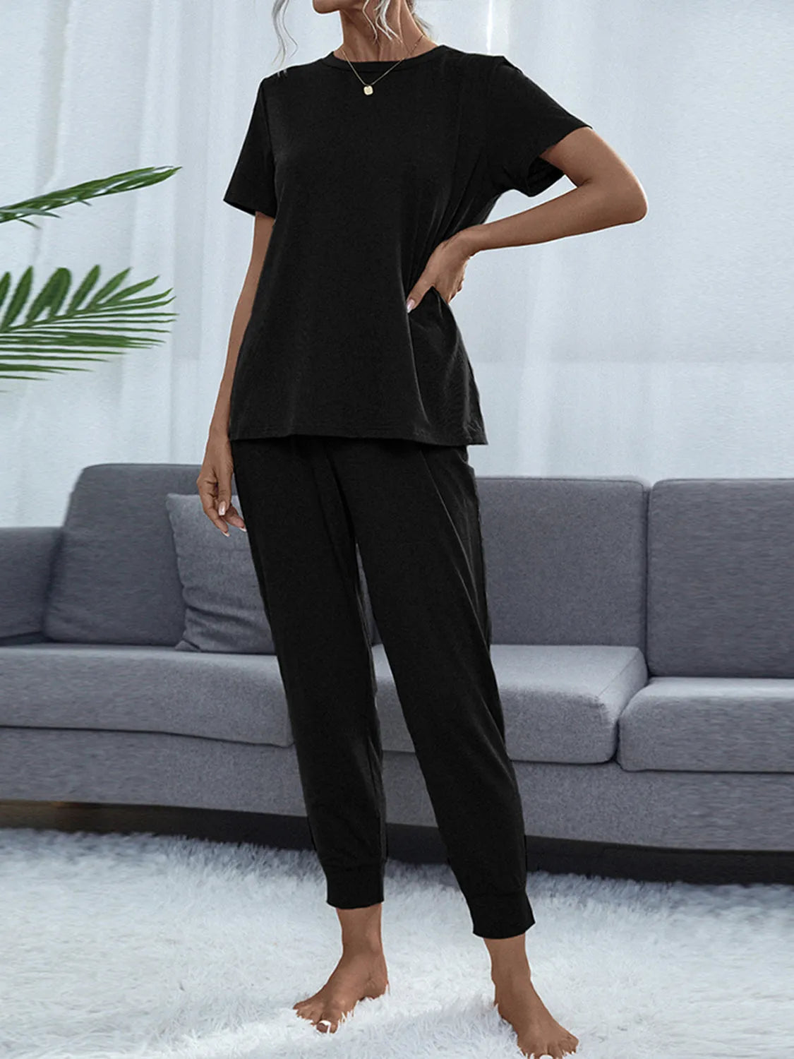 Round Neck Short Sleeve Top and Pants Set Loungewear Sets - Tophatter Daily Deals