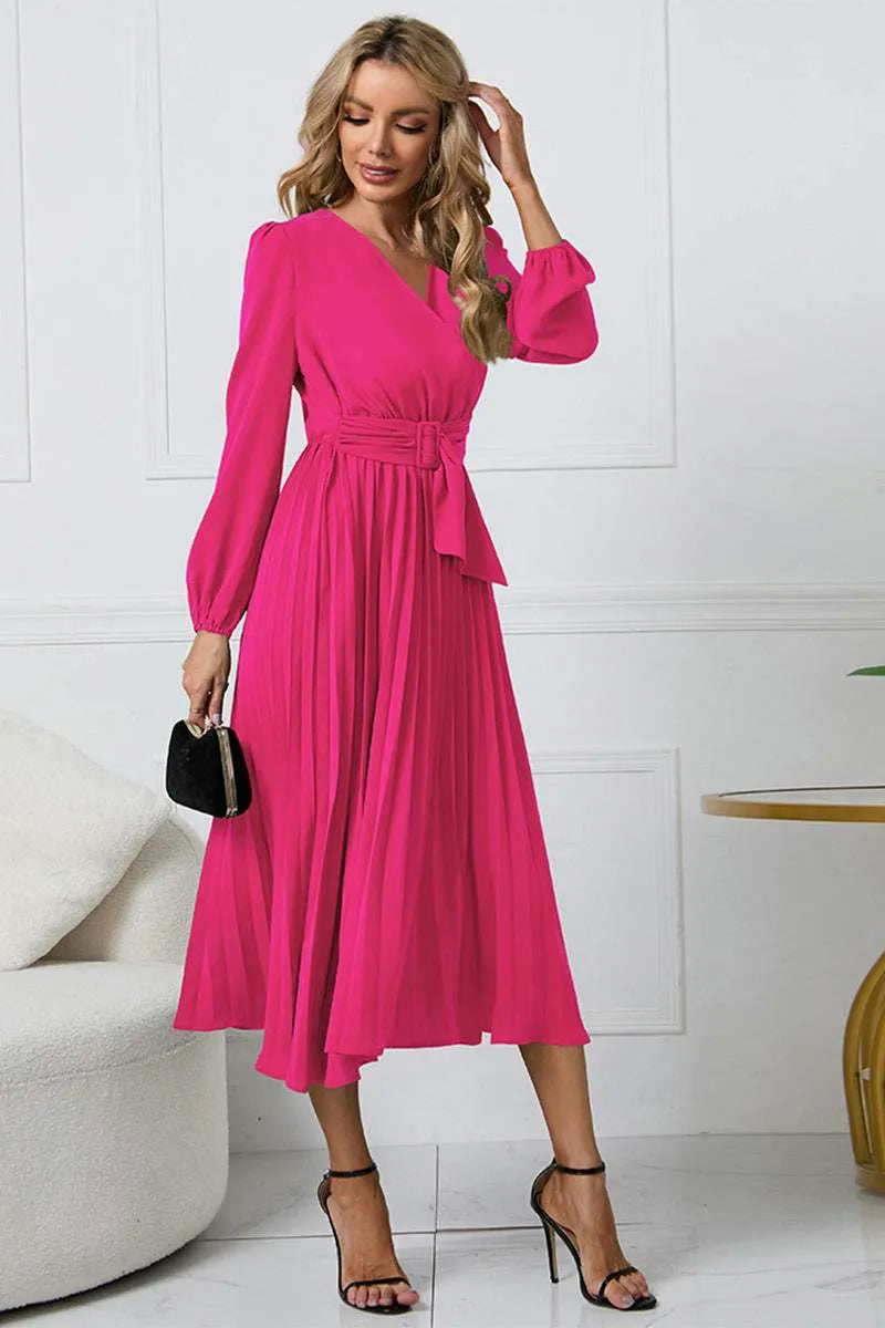 V-Neck Long Sleeve Tie Waist Midi Dress Hot Pink Casual Dresses - Tophatter Daily Deals