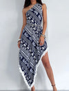 Fringe Printed Single Shoulder Dress Navy Casual Dresses - Tophatter Daily Deals