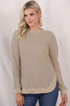 Waffle-Knit Crewneck Drop Shoulder Top Tan M Women's T-Shirts - Tophatter Daily Deals