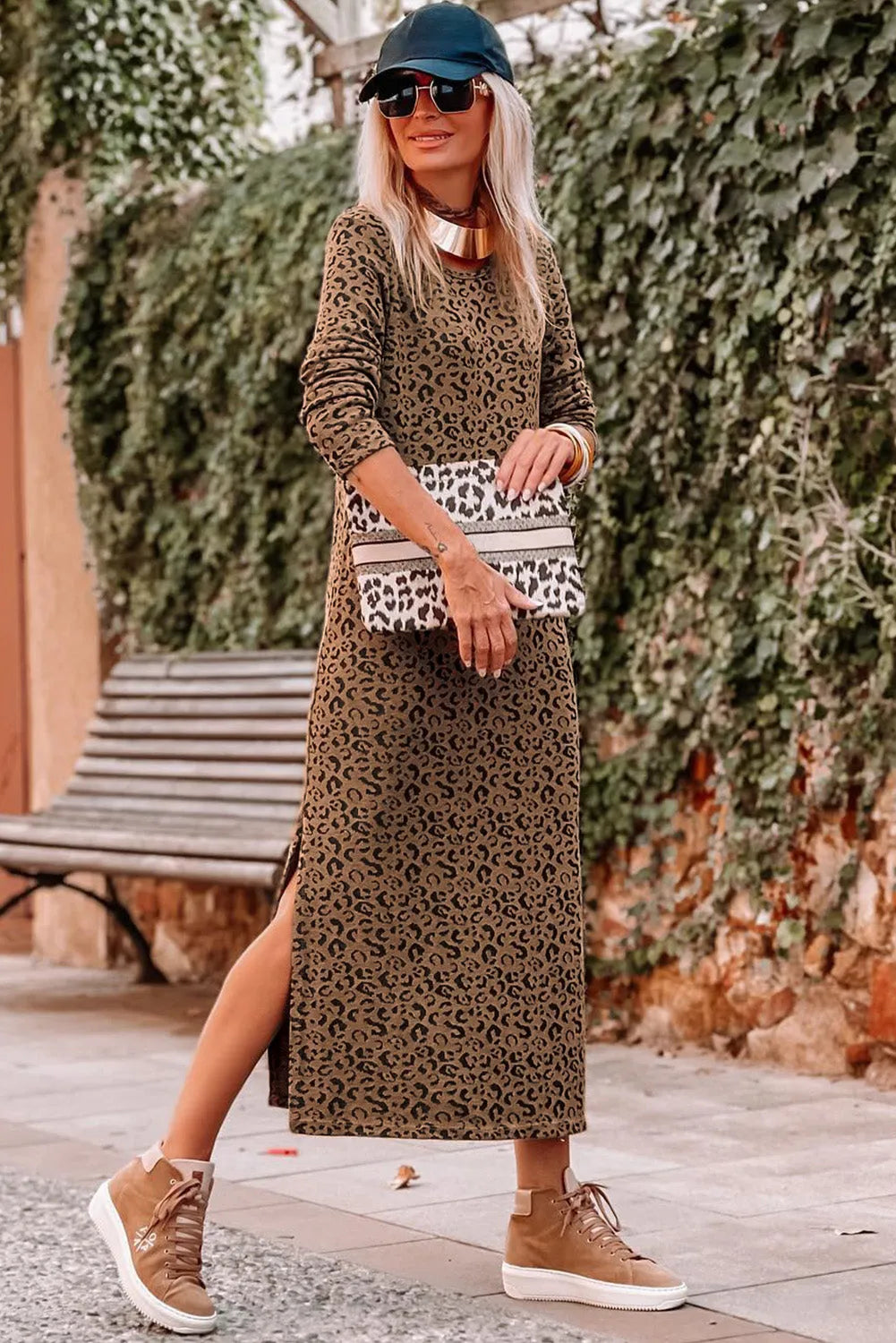 Round Neck Leopard Print Long Sleeve Slit Dress Casual Dresses - Tophatter Daily Deals