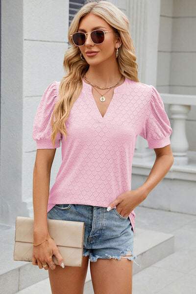 Eyelet Notched Puff Sleeve T-Shirt Blush Pink Women's T-Shirts - Tophatter Daily Deals