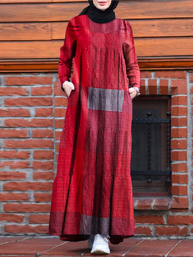 Kaftan Tunic Plaid Print Back Zipper Long Sleeve Maxi Layered Women Maxi Dress Wine Red Maxi Dresses - Tophatter Daily Deals