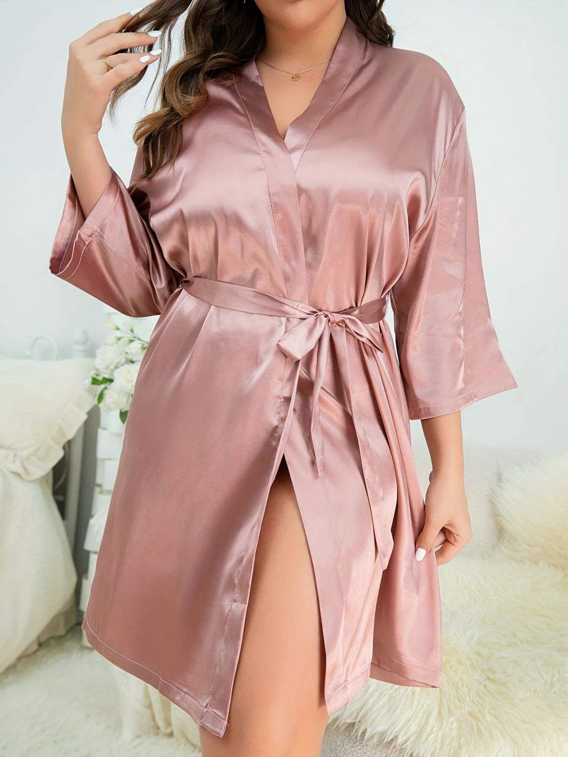Plus Size Surplice Neck Tie Waist Robe Sleep Dresses - Tophatter Daily Deals
