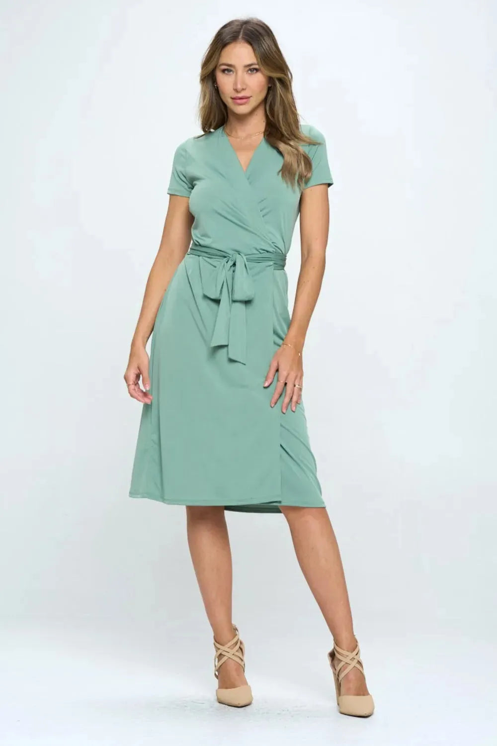RENEE C Tie Front Surplice Short Sleeve Dress Green Casual Dresses - Tophatter Daily Deals