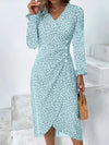 Full Size Printed Surplice Long Sleeve Midi Dress Mint Blue Casual Dresses - Tophatter Daily Deals