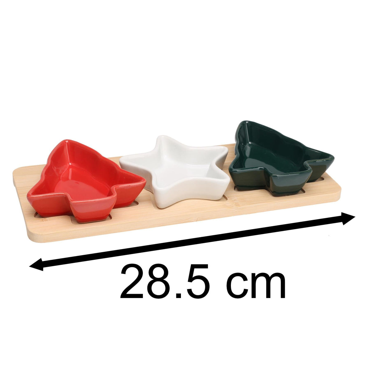 Christmas Serving Set | 3 Ceramic Snack Bowls with Bamboo Paddle Tray Serving Board - Tophatter Daily Deals