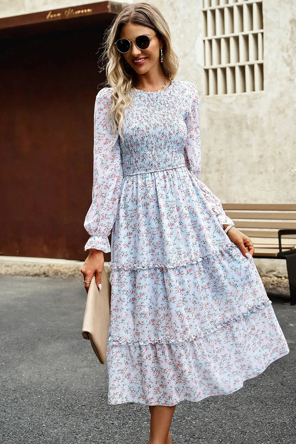 Smocked Flounce Sleeve Midi Dress Casual Dresses - Tophatter Daily Deals