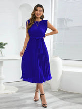 Tied Round Neck Pleated Midi Dress Cobald Blue Casual Dresses - Tophatter Daily Deals