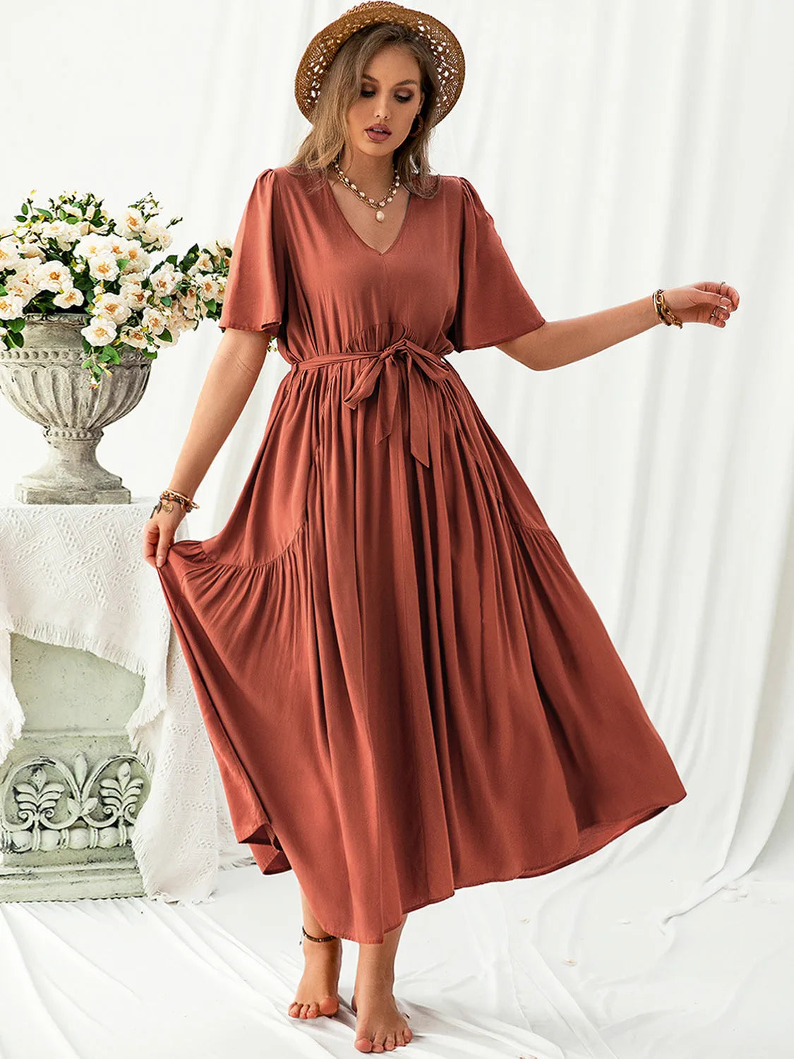 Plus Size V-Neck Flutter Sleeve Midi Dress Rust Casual Dresses - Tophatter Daily Deals