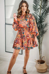 Tropical Print Tie Waist Lantern Sleeve Mini Dress Casual Dresses - Tophatter Daily Deals