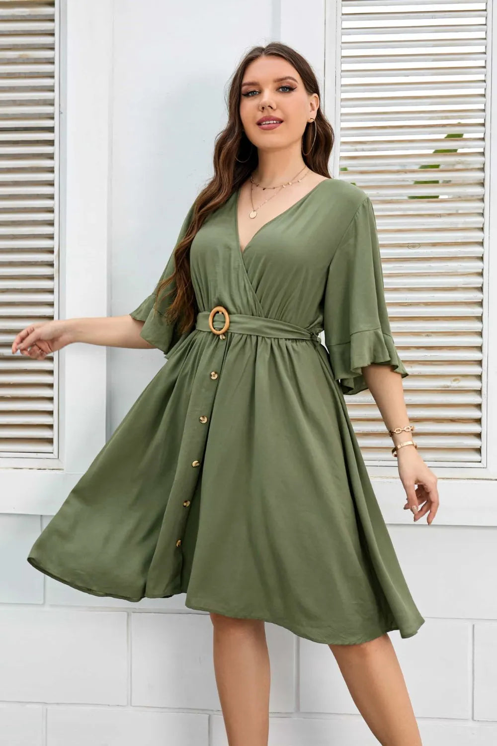 Plus Size Surplice Neck Half Sleeve Dress Moss Casual Dresses - Tophatter Daily Deals