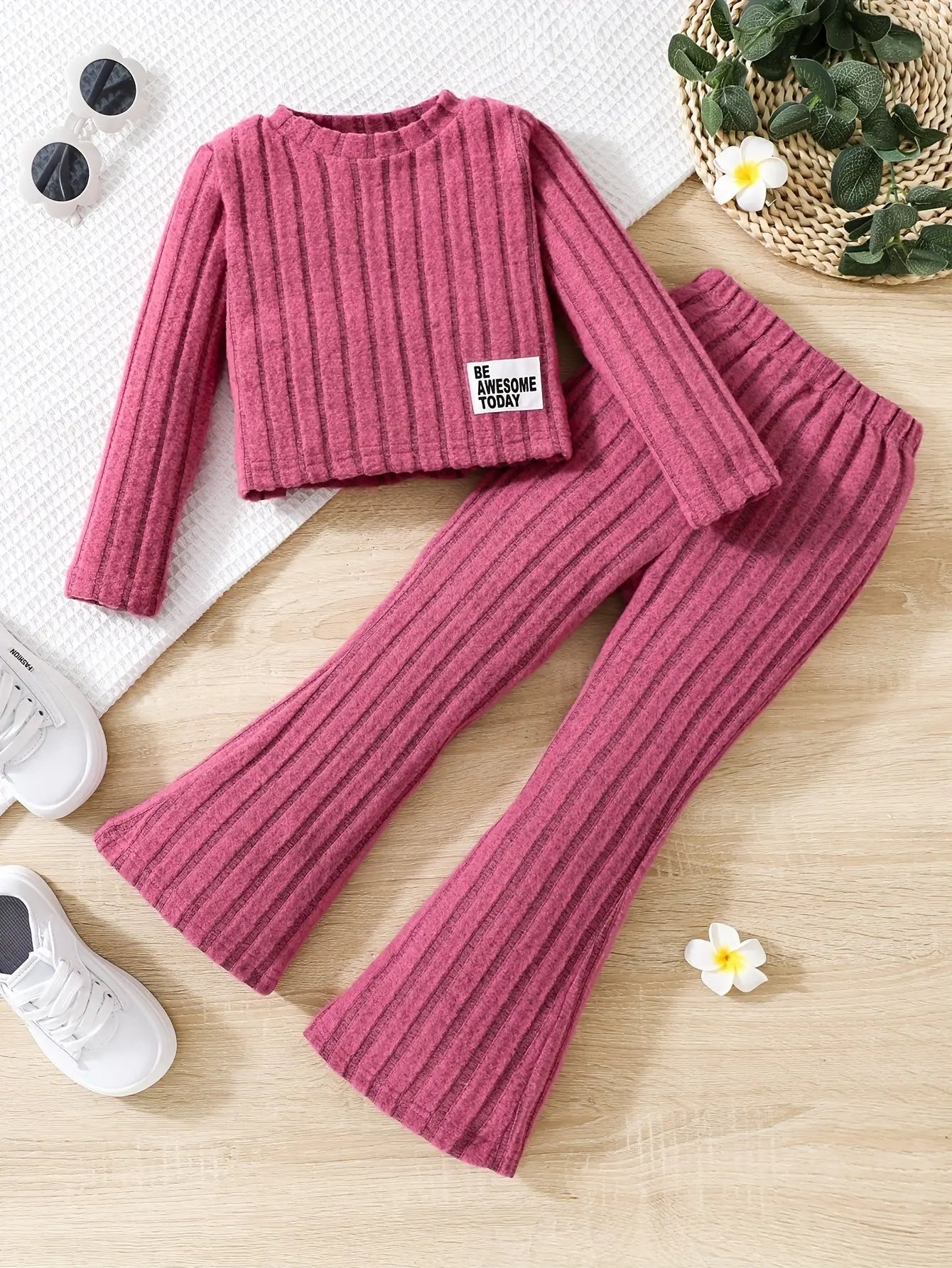 2pcs Toddler Girls Ribbed Outfits Crew Neck Long Sleeve Pullover Top + Flare Pants Set Spring Fall Sports Gift, Outdoor Clothing - Tophatter Daily Deals