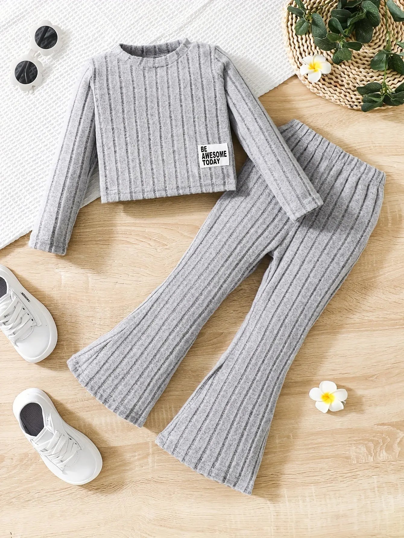 2pcs Toddler Girls Ribbed Outfits Crew Neck Long Sleeve Pullover Top + Flare Pants Set Spring Fall Sports Gift, Outdoor Clothing - Tophatter Daily Deals
