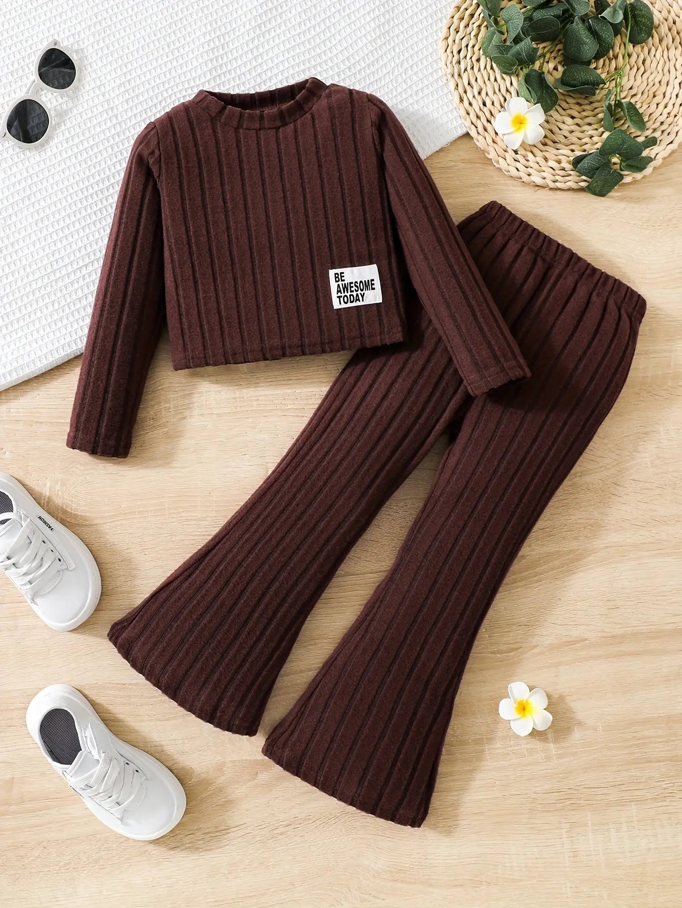2pcs Toddler Girls Ribbed Outfits Crew Neck Long Sleeve Pullover Top + Flare Pants Set Spring Fall Sports Gift, Outdoor Clothing - Tophatter Daily Deals