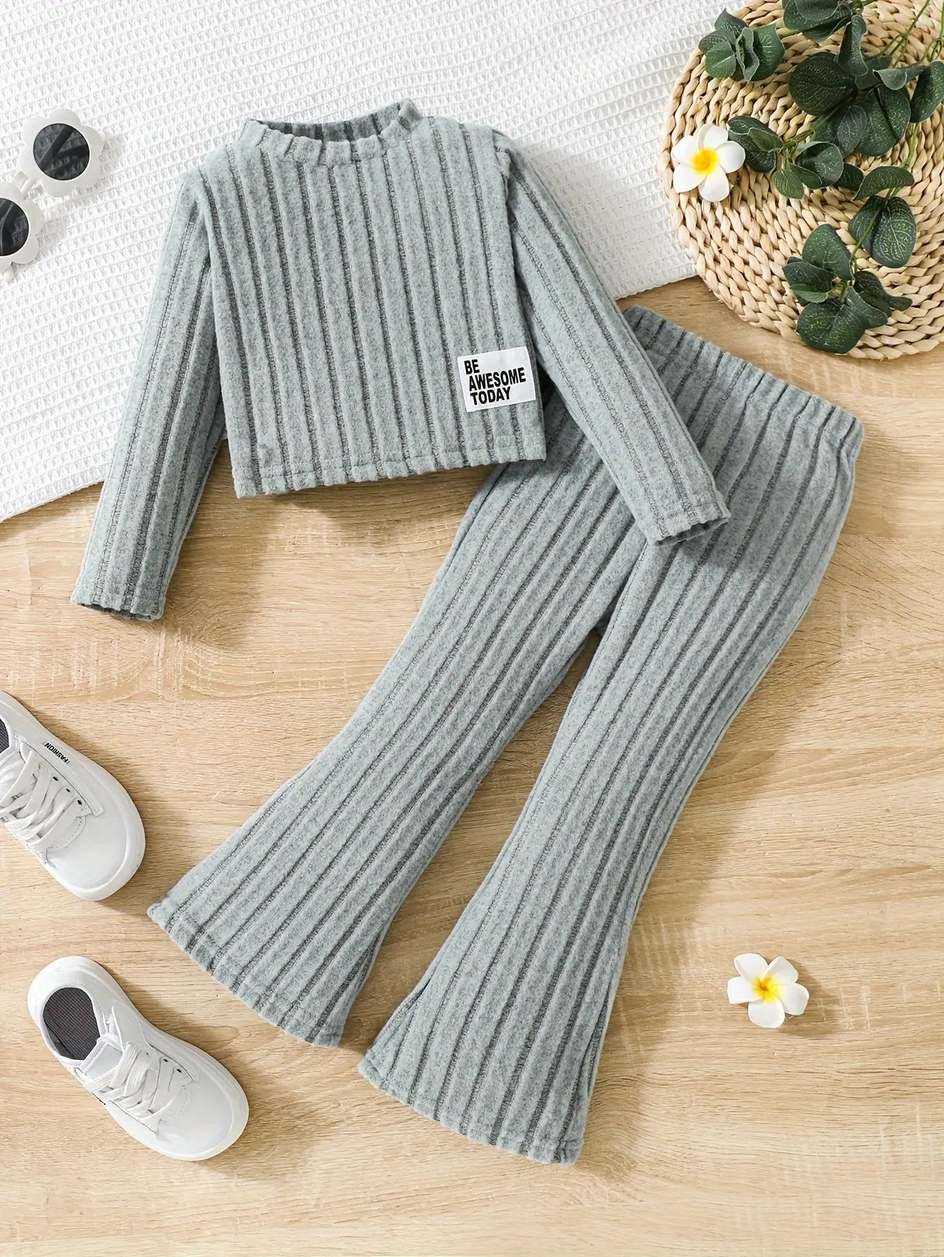 2pcs Toddler Girls Ribbed Outfits Crew Neck Long Sleeve Pullover Top + Flare Pants Set Spring Fall Sports Gift, Outdoor Clothing - Tophatter Daily Deals