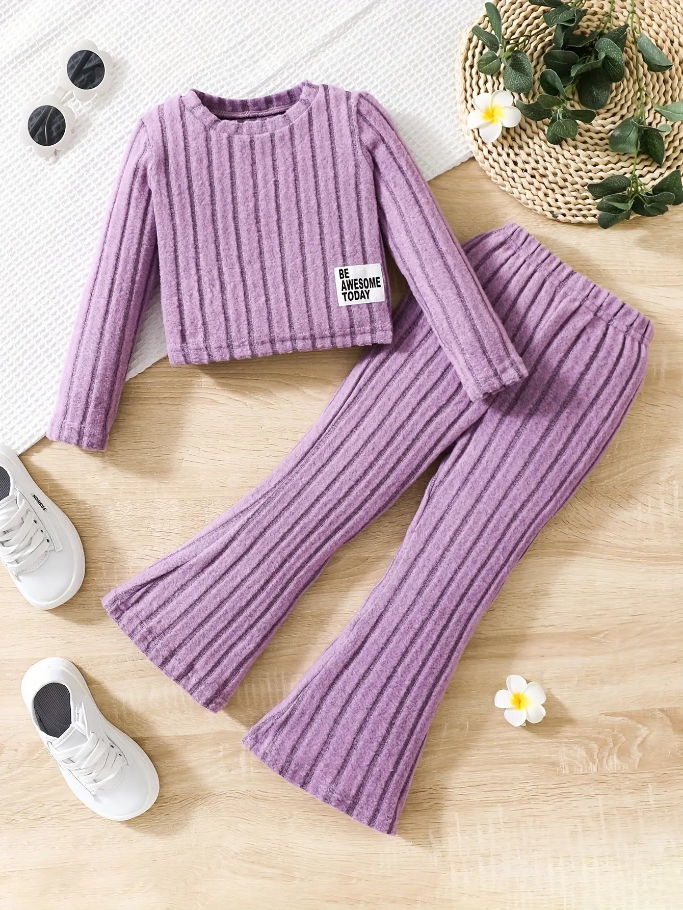 2pcs Toddler Girls Ribbed Outfits Crew Neck Long Sleeve Pullover Top + Flare Pants Set Spring Fall Sports Gift, Outdoor Clothing - Tophatter Daily Deals
