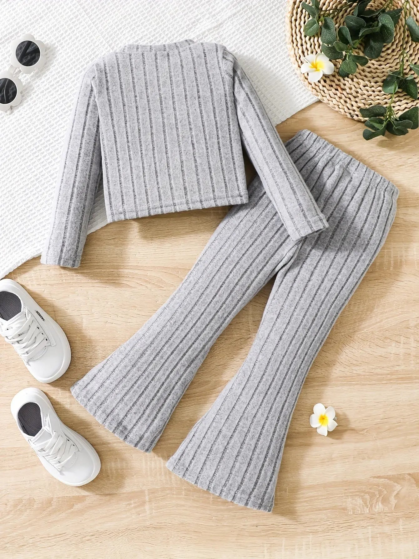 2pcs Toddler Girls Ribbed Outfits Crew Neck Long Sleeve Pullover Top + Flare Pants Set Spring Fall Sports Gift, Outdoor Clothing - Tophatter Daily Deals